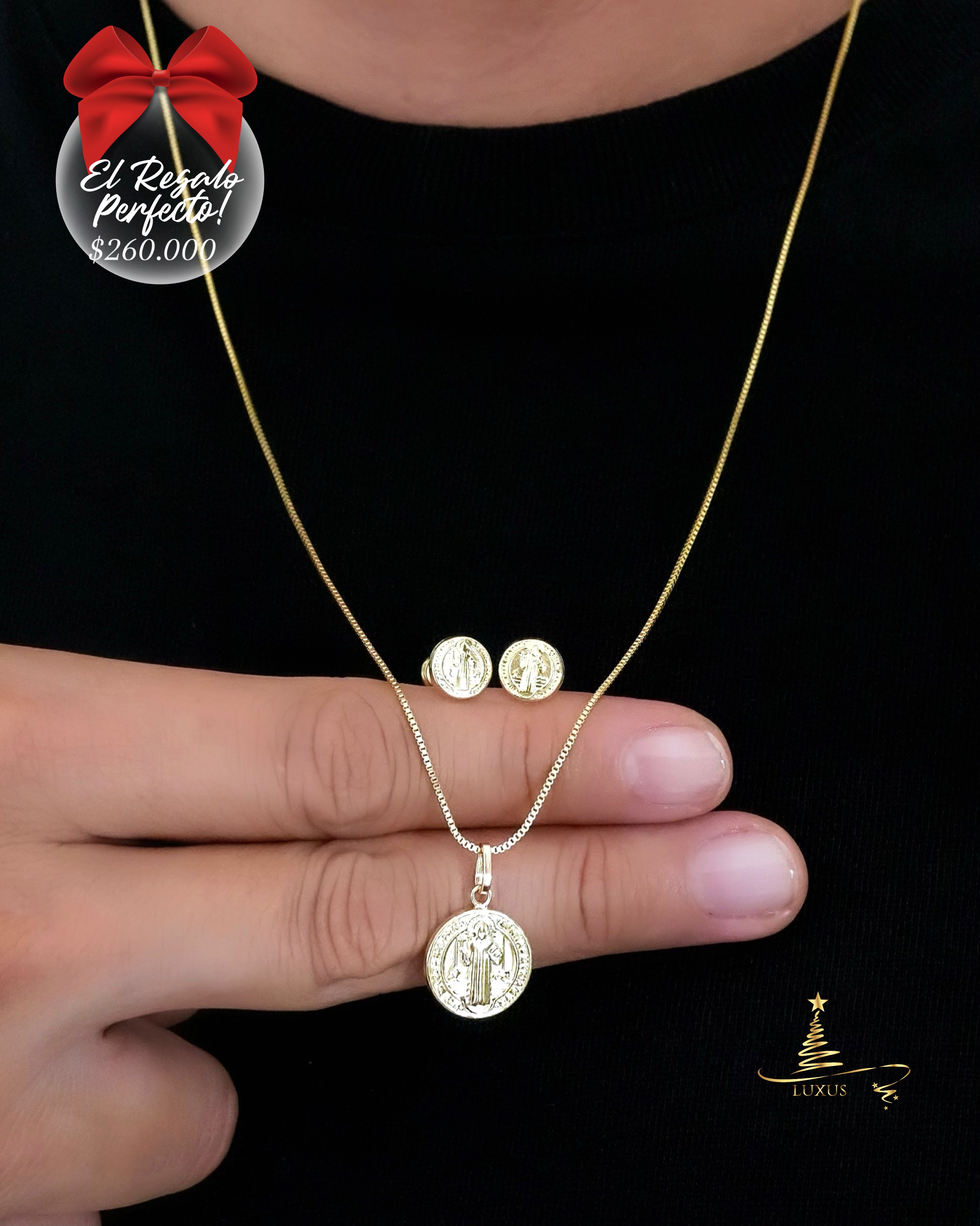 SET SAN BENITO CADENA VENECIANA 60 CM + DIJE + ARETES ROSCA DE SEGURIDAD ID: 5014