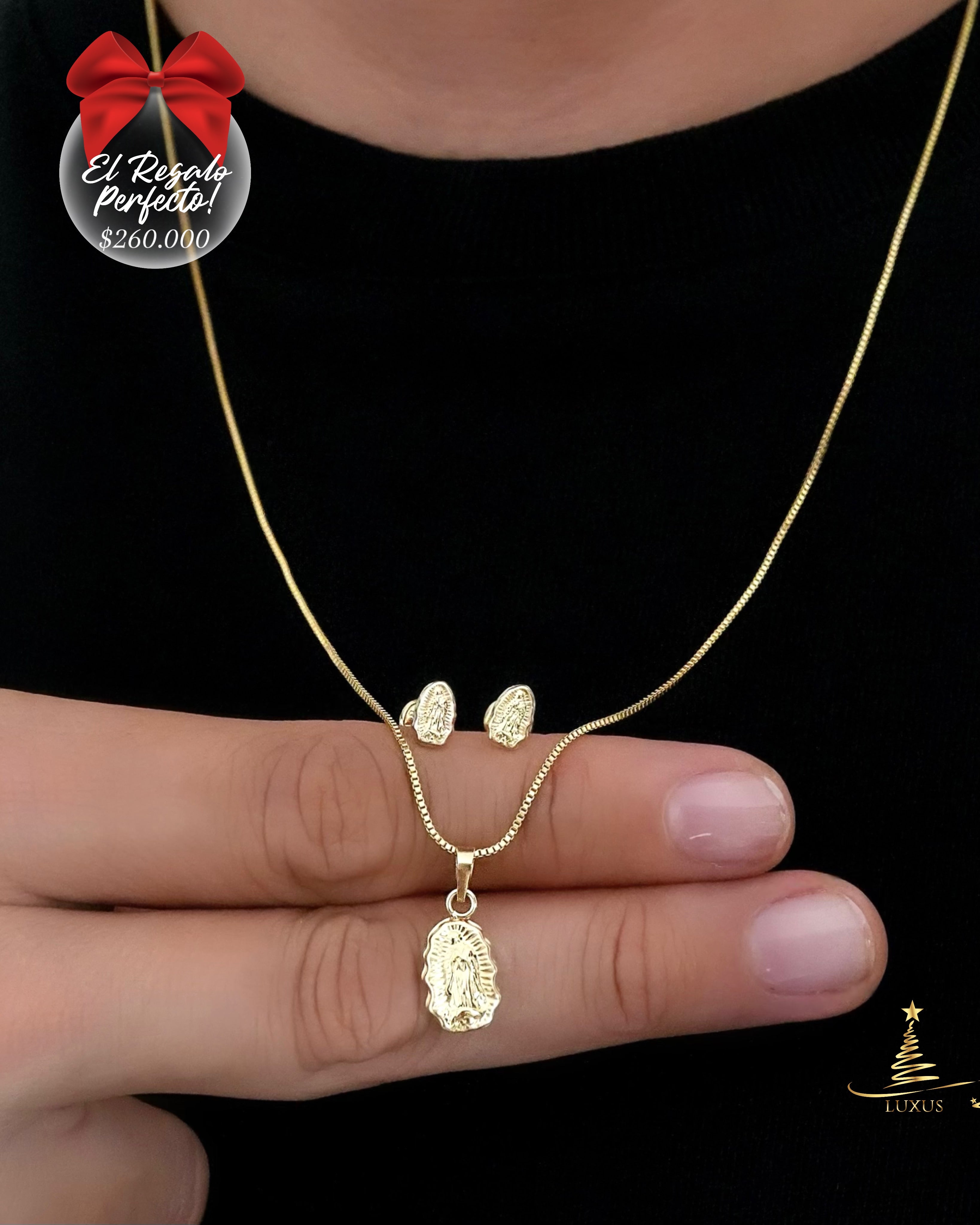 SET VIRGEN GUADALUPE TALLADA CADENA VENECIANA 60 CM + DIJE + ARETES ROSCA DE SEGURIDAD ID: 5039