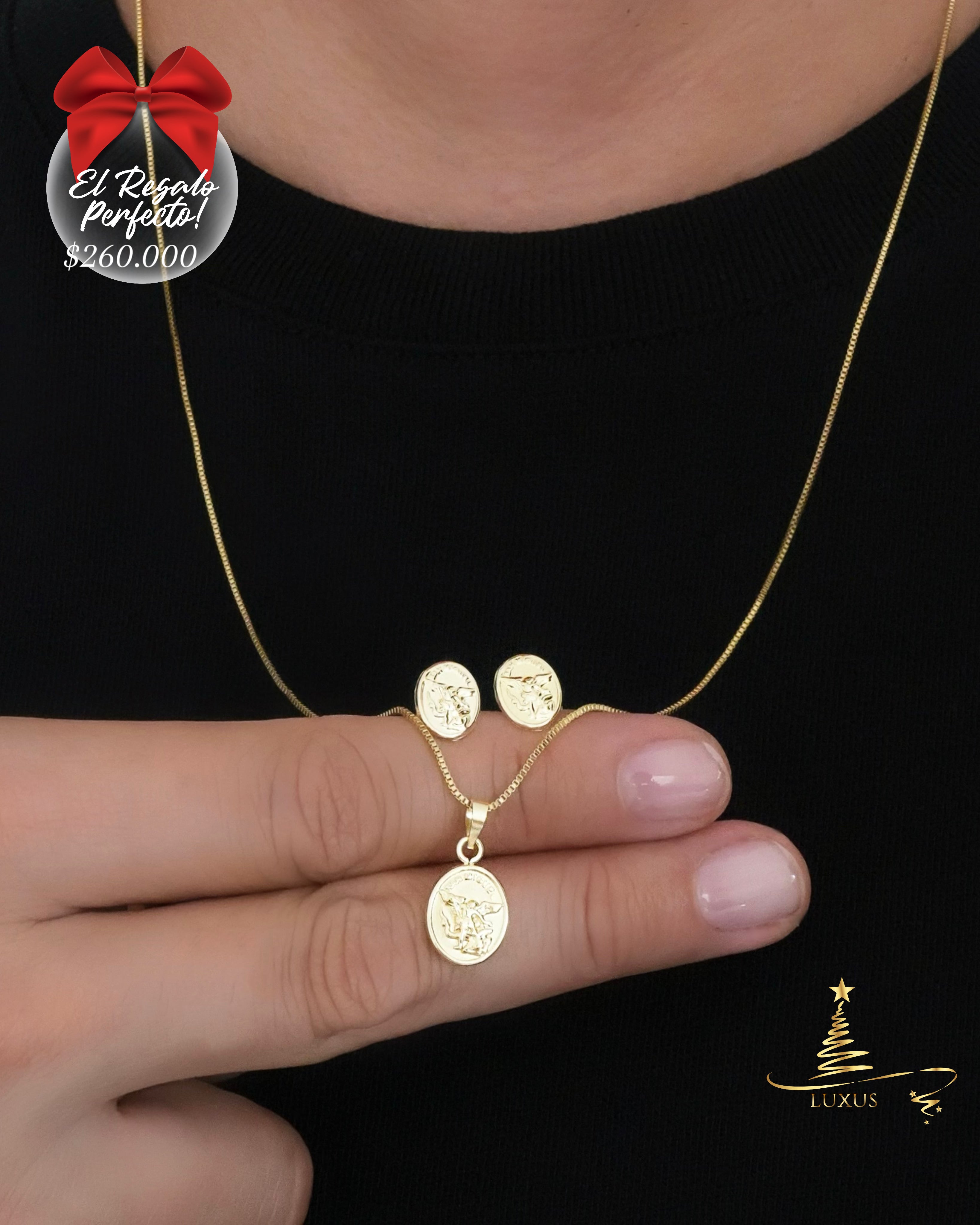 COMBO SAN MIGUEL CADENA VENECIANA 60 CM + DIJE + ARETES ROSCA DE SEGURIDAD ID: 5017