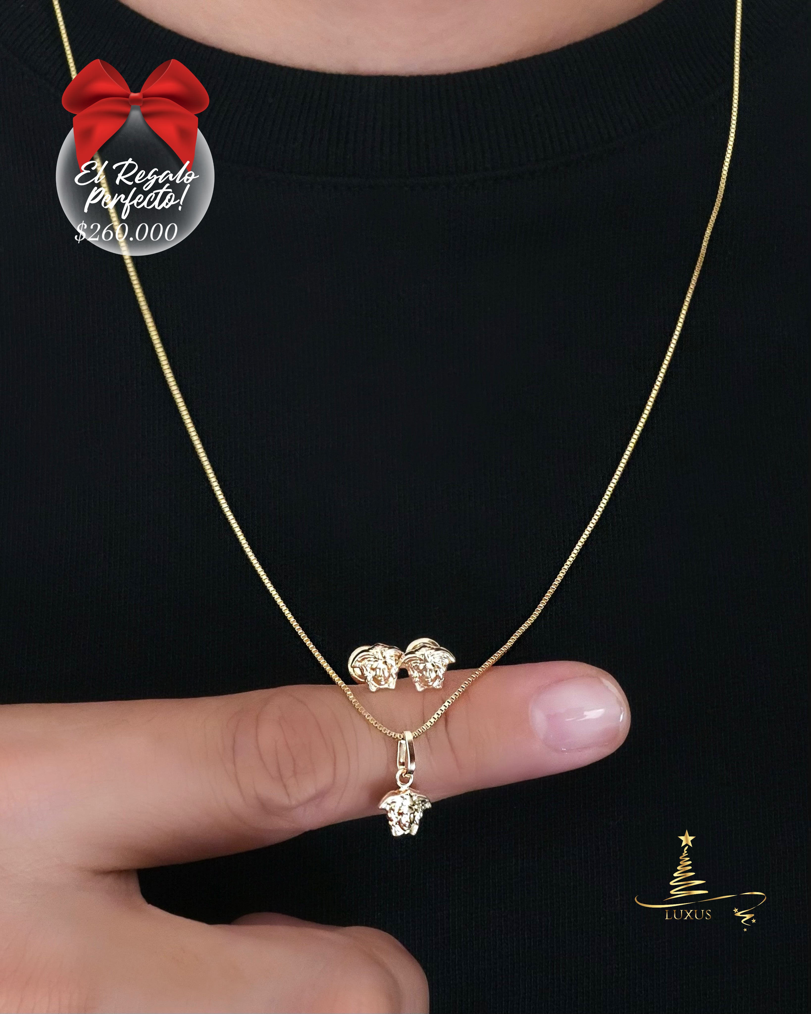 SET VERSASE CADENA VENECIANA 60 CM + DIJE + ARETES ROSCA DE SEGURIDAD ID: 5016