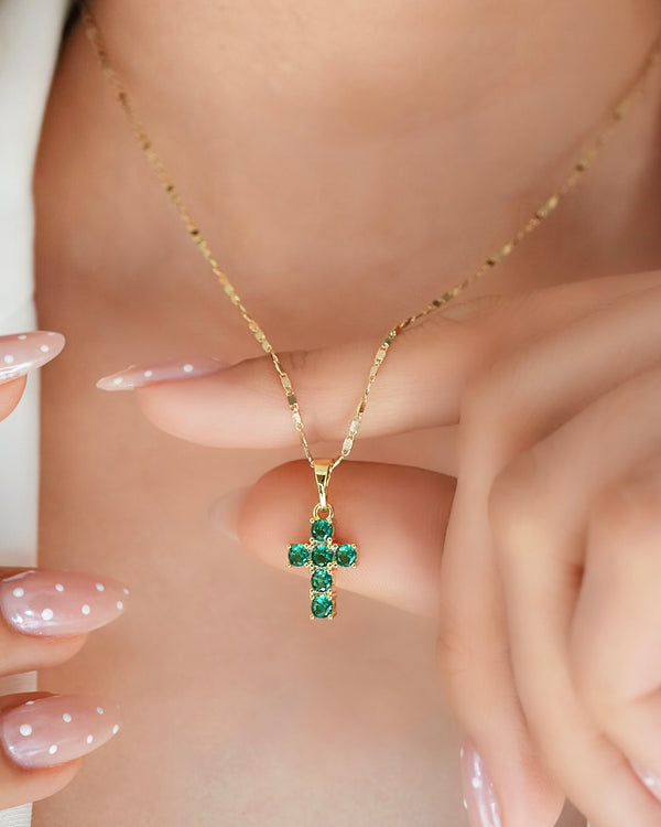 SET CADENA ESCALETA + DIJE CRUZ VERDE OrolaminadoLuxus