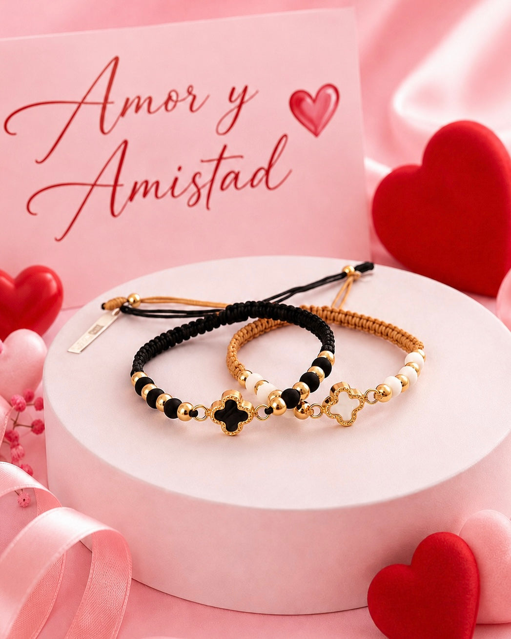 SET BRAZALETES PARA PAREJA - TREBOL NEGRO Y BEIG  6475