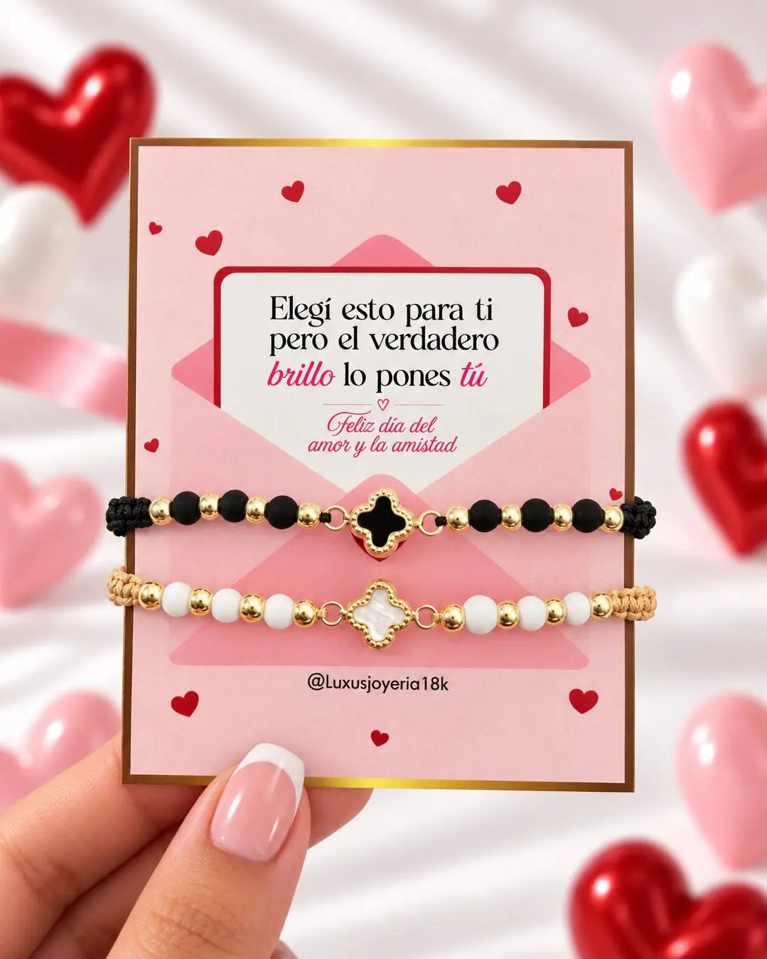 SET BRAZALETES PARA PAREJA - TREBOL NEGRO Y BEIG  6475