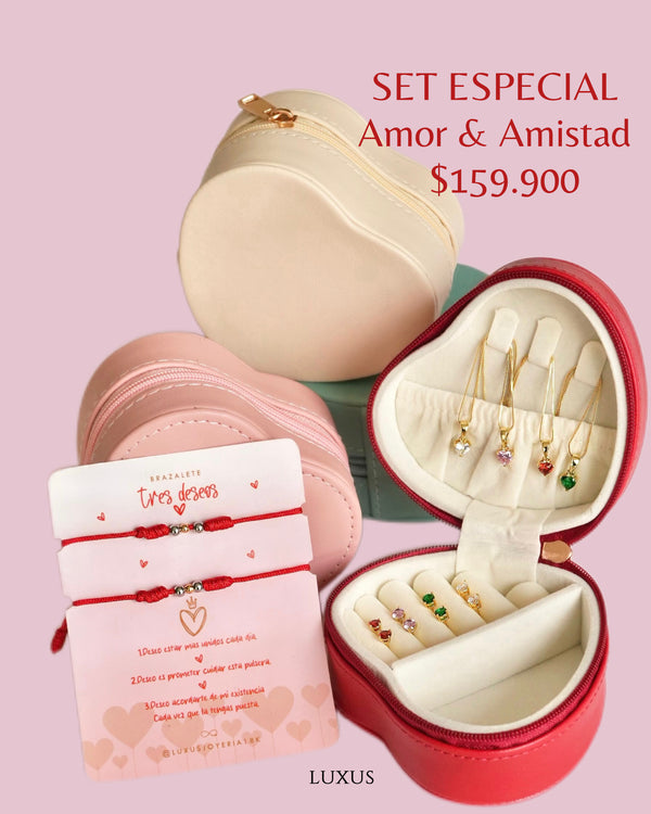 Set Amor & Amistad: Cadena + Dije + Aretes + Joyero + 2 Hilos de Amor en Oro Laminado
